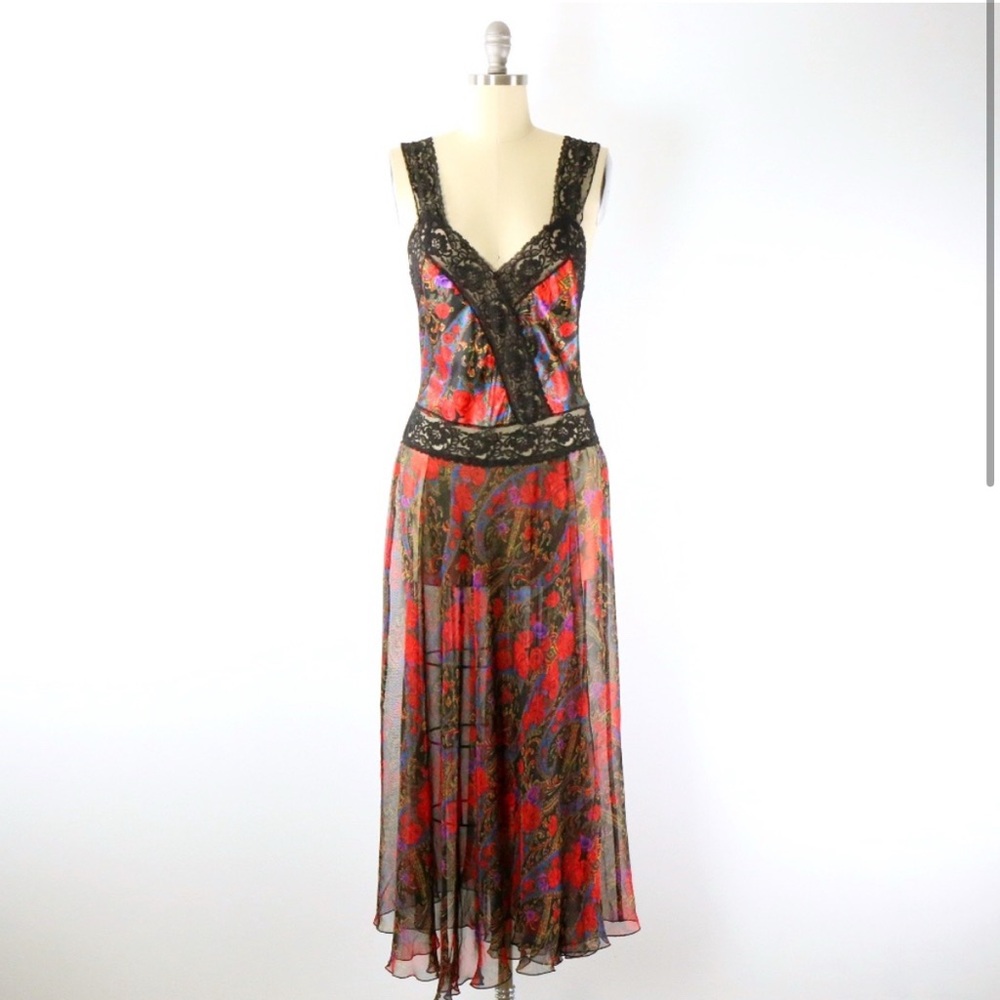 Vintage Victoria's Secret Gold Label Black Lace Trim Floral Satin Chemise